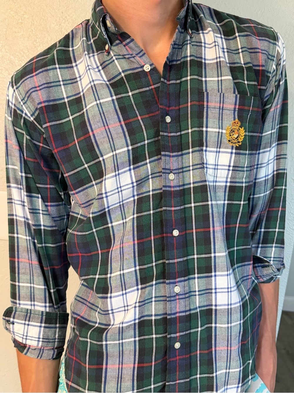 Vintage 90s Polo Ralph Lauren Gold Crest Tartan Plaid Button Down Shirt Sz L